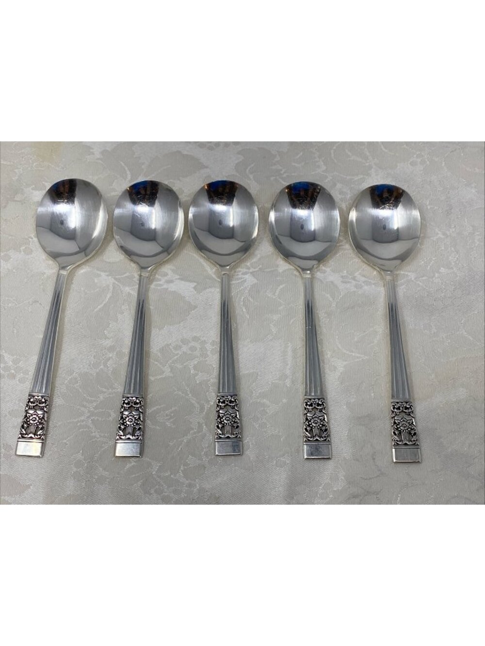 5 Vintage Oneida Community Silver Coronation 1936 Silverplate Oval Soup Spoons